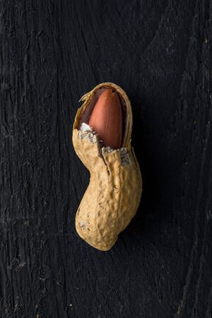 Opened Peanut Shell with a Seed Inside It, on a Black Wooden Surface