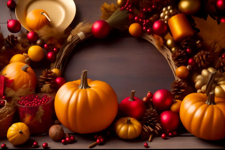 Thanksgiving day with pumpkins, candles and autumn leaves on wooden backgroundの素材