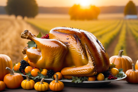 Thanksgiving Day with Garnished roasted turkey on plate with pumpkins and rowan berries on blurred backgroundの素材