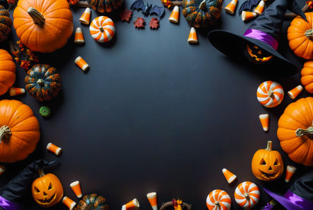 Halloween background with pumpkins, candies and witch hat on black background, AI Generatedの素材