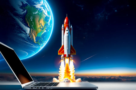 Rocket launch from a laptop on the background of the planet Earth., AI Generatedの素材