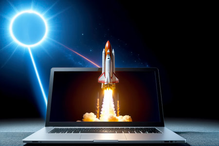 Rocket coming out of a laptop screen. Business start up concept., AI Generatedの素材