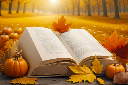 Open book with autumn leaves and pumpkins on wooden table in park, AI Generatedの素材