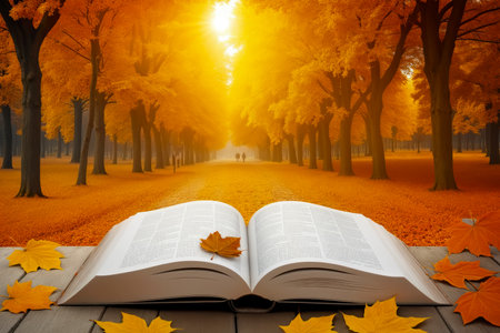 Autumn landscape with maple leaves and book. Fall season concept., AI Generatedの素材