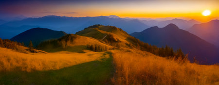 Panoramic view of sunset in the mountains. Panoramic view of the Mountains, , AI Generatedの素材