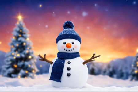 Snowman on a background of a winter landscape with a Christmas tree, AI Generatedの素材