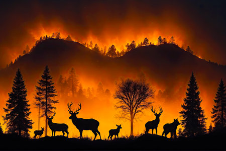 Silhouette of a herd of deers in the mountains., AI Generatedの素材