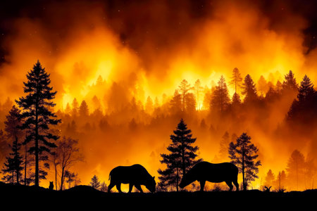 Silhouette of wild horses in the forest with fire in the background, AI Generatedの素材