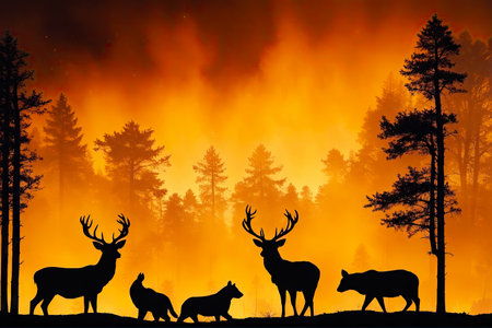 Silhouettes of wild animals in the forest at sunset, , AI Generatedの素材