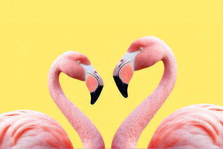Two flamingos on a yellow background. Two flamingos in love., AI Generatedの素材