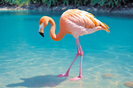 Pink flamingo standing in the blue water of the lagoon., AI Generatedの素材