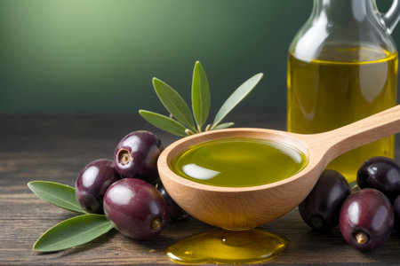 Olive oil and fresh olives on wooden table with green background, AI Generatedの素材