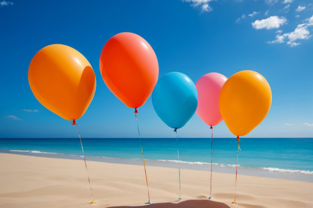 Colorful balloons on the sandy beach with sea and blue sky background, AI Generatedの素材