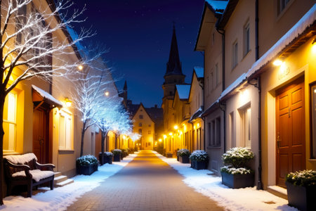Turn your design into a festive postcard with this captivating Christmas tree decoration on a night street, AI Generatedの素材