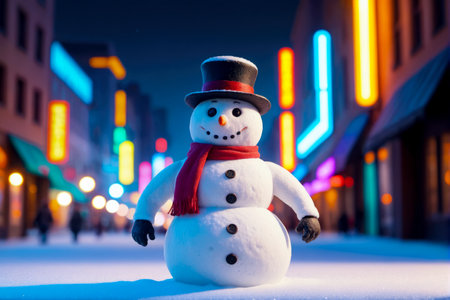 Capture the mesmerizing beauty of a snowman amidst the city frosty night, bathed in the ethereal glow of neon lights, AI Generatedの素材