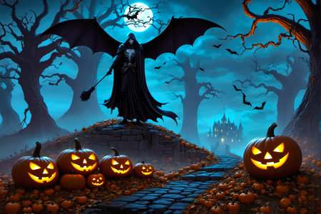 Experience the eerie charm of a moonlit Halloween night with a haunted mansion, bats, and a full moon, AI Generatedの素材