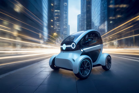 Get a glimpse of tomorrow mobility with this Mini EV in a city setting. Long exposure highlights its tech innovation, AI Generatedの素材