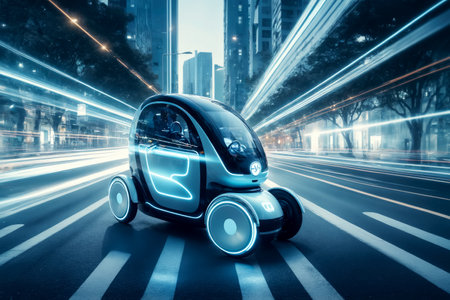 Urban elegance meets cutting edge tech Discover this Mini electric vehicle in a futuristic cityscape with long exposure, AI Generatedの素材