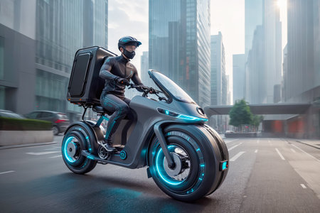 Futuristic e cargo bike on urban streets the future of deliveries, AI Generatedの素材