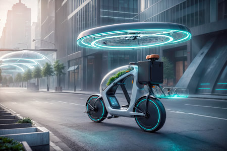 Exploring the city on a futuristic e cargo bike EV delivery mode, AI Generatedの素材