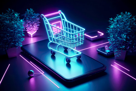 Step into the future of e commerce and business innovation with a striking image of a neon glow shopping cart on a smartphone, AI Generatedの素材