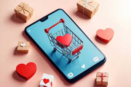 Feel the love for online shopping with this heartwarming stock photo, a smartphone displaying a shopping cart, perfect for e commerce and business concepts, AI Generatedの素材