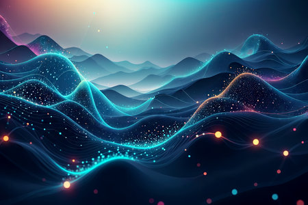 Immerse yourself in a digital world with this mesmerizing image of connected dots on a wave landscape, AI Generatedの素材