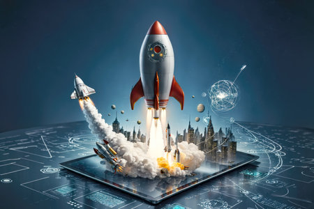 The fusion of technology and ambition, A tablet screen launches a space rocket, embodying business success, AI Generatedの素材