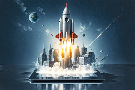 Witness the future of success with a space rocket launch from a tablet screen a powerful business concept captured in this image, AI Generatedの素材