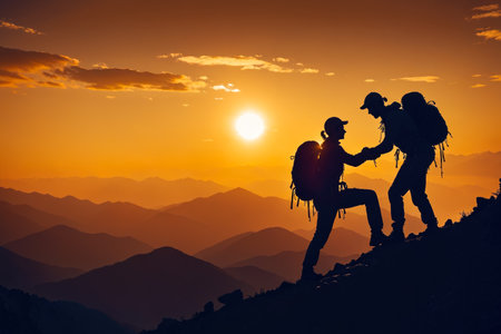 Experience the sense of accomplishment and friendship in our captivating silhouette photo of hikers assisting each other to conquer the mountain peak, AI Generatedの素材