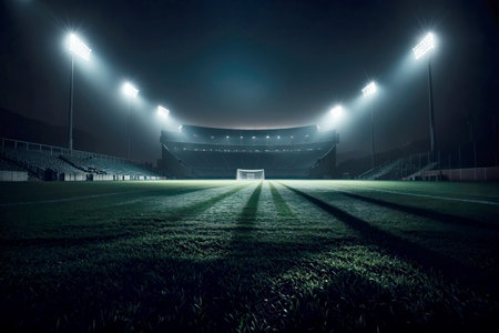 Capture the serene ambiance of a quiet stadium under the stars, offering a blank canvas for your imagination and design needs, AI Generatedの素材