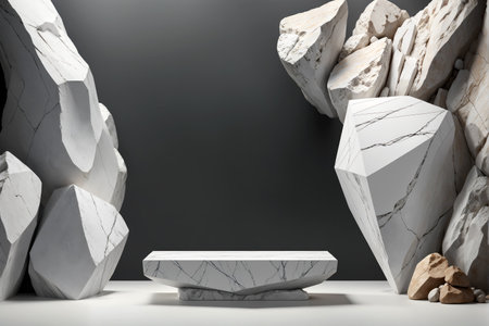 Capture attention and professionalism with our stock photo of a sleek podium mockup against a white geometric stone and rock background, ideal for showcasing your content, AI Generatedの素材