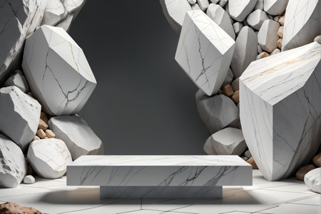 Transform your designs into works of art with our stock image of a minimalist podium display against a white stone and rock shape backdrop, AI Generatedの素材