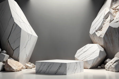 Enhance your product displays with our stock photo featuring a minimalist mockup podium set against a white stone and rock geometric backdrop, AI Generatedの素材