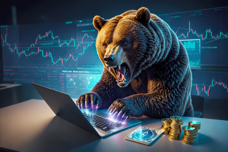 Bear watching stock market data on laptop. Mixed media. Mixed media, AI Generatedの素材