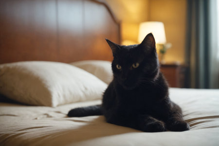 Quiet moments with a solitary cat on a bed, reflecting the charm of a solitary life indoors, AI Generatedの素材