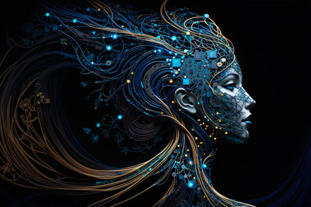 Exploring the abstract, Woman connection with intricate circuitry symbolizes tech union with tradition in art, AI Generatedの素材