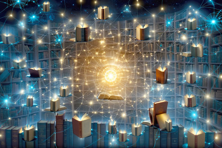 Harness the power of the internet for learning our stock photo showcases interconnected, glowing books, a visual representation of knowledge connectivity, AI Generatedの素材