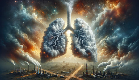 Ethereal, ghostly visualization of a delicate, lung like formation constructed from fine dust particles, shrouded in a surreal, haunting veil of industrial, vehicular and agricultural airborne contaminants and smokeの素材