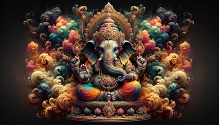 Lavish Ganesha Sculpture in Vibrant Hindu Style, Embellished with Opulent Details and Enveloped by Swirling Smoke on Dark Canvasの素材