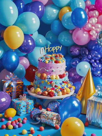 Lively Birthday Collage Graphic Showcasing Cake, Balloons, Hats, and Wrapped Presents for a Festive Party Themeの素材