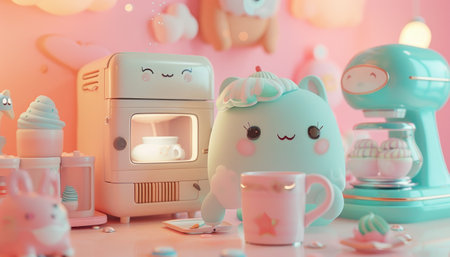 Discover a collection of 3D kawaii illustrations with cool color tones and soft, pastel palettes, showcasing adorable objects and characters without facial expressions, rendered with gentle, ambient lighting for an innocent and sweet atmosphere.の素材