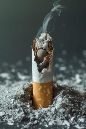 Symbolic representation for World No Tobacco Day, showing a person trapped inside a cigarette, illustrating the concept of addiction and the desire to quit smoking.の素材