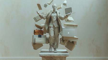 A surreal symbolic artwork portrays a multiarmed businessperson juggling oversized work essentials on a small platform representing the constant balancing act professionals face in the modern worldの素材