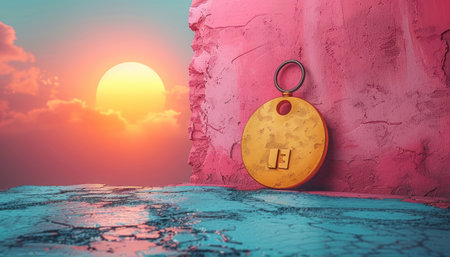 In this aspirational 3D illustration a surreal business team reaches new heights of success represented by their collaborative effort to hold a giant gleaming key high above a minimal abstract landscape with vibrant colorsの素材