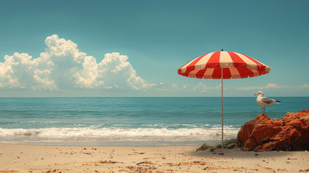 Escape to a serene minimalistic beach scene with a solitary red and white striped umbrella offering shade on the shore as a seagull perches peacefully on a nearby rockの素材