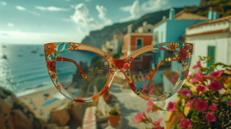 Elevate your summer style with these stunning cateye sunglasses featuring a minimalist floral print and photorealistic lens reflections that capture the essence of a picturesque Mediterranean coastal town illuminated by soft natural lightの素材