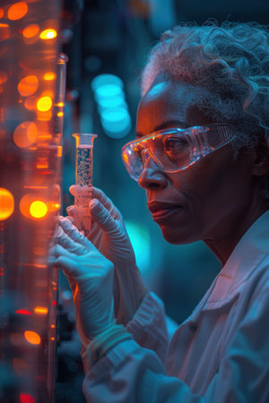 A scientist in a stateoftheart laboratory surrounded by cuttingedge equipment and glowing screens proudly holding a luminescent vial symbolizing a revolutionary discovery and innovationの素材