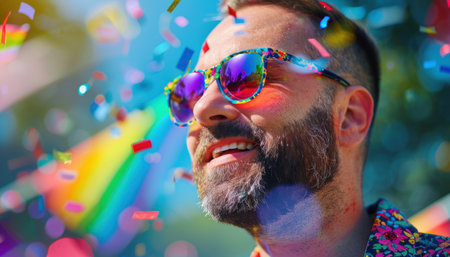 This portrait perfectly captures the spirit of Pride featuring a happy man in rainbow sunglasses against a colorful celebratory backdropの素材