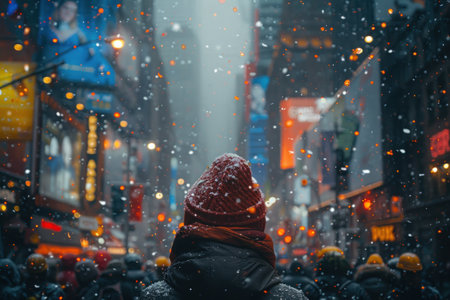 Experience the excitement of a New Year celebration as colorful confetti rains down on a lively crowd gathered on a city street  A spectacular display of joy and unity in the heart of the cityの素材